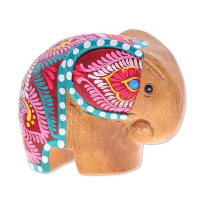 Alternate image for Thai-Made Floral Painted Raintree Wood Elephant Figurine Tiny Beloved