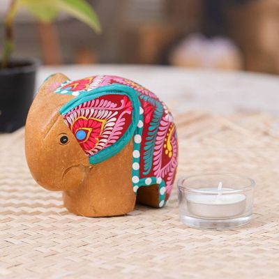 Alternate image for Thai-Made Floral Painted Raintree Wood Elephant Figurine Tiny Beloved