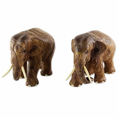 Alternate image for Brown Teak Wood Elephant Sculptures Pair from Thailand Walk Together