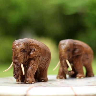 Alternate image for Brown Teak Wood Elephant Sculptures Pair from Thailand Walk Together