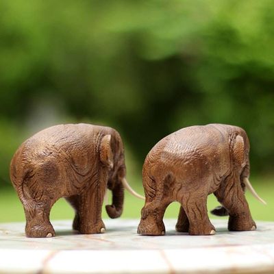 Alternate image for Brown Teak Wood Elephant Sculptures Pair from Thailand Walk Together