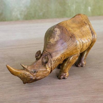 Alternate image for Raintree Wood Rhinoceros Statuette from Thailand Wary Rhino