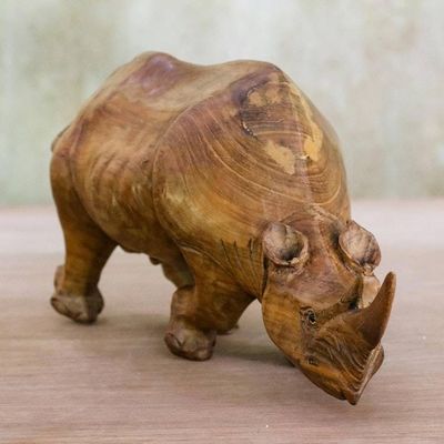 Alternate image for Raintree Wood Rhinoceros Statuette from Thailand Wary Rhino