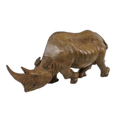 Alternate image for Raintree Wood Rhinoceros Statuette from Thailand Wary Rhino