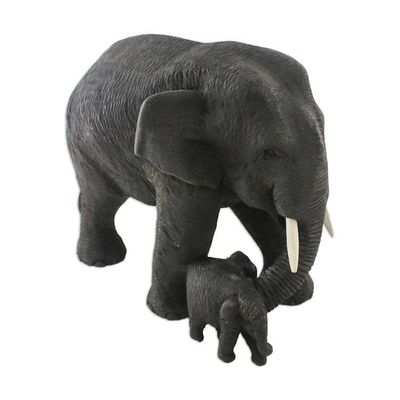 Alternate image for Elephant Mother and Child Hand Carved Teak Figurine Elephant Mother
