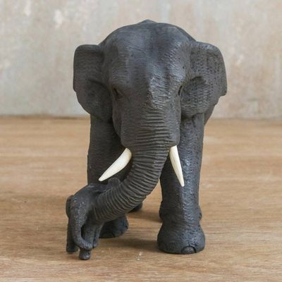 Alternate image for Elephant Mother and Child Hand Carved Teak Figurine Elephant Mother