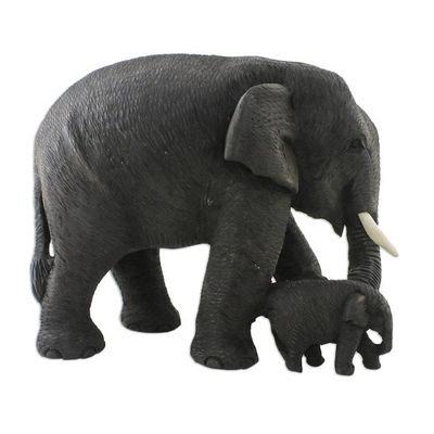 Alternate image for Elephant Mother and Child Hand Carved Teak Figurine Elephant Mother