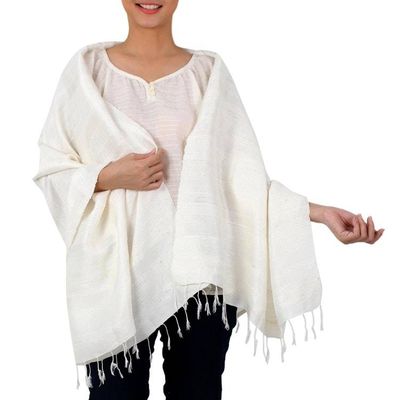 Alternate image for Handwoven Fringed Silk Shawl in Ivory from Thailand Afternoon Breeze