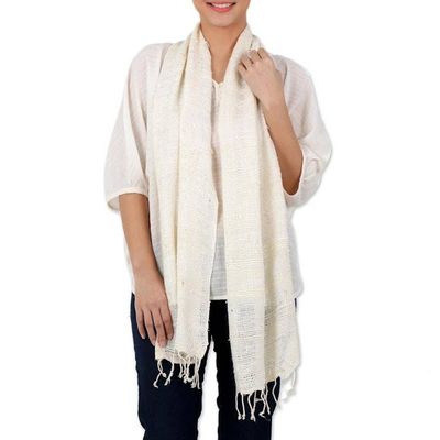Alternate image for Handwoven Fringed Silk Shawl in Ivory from Thailand Afternoon Breeze