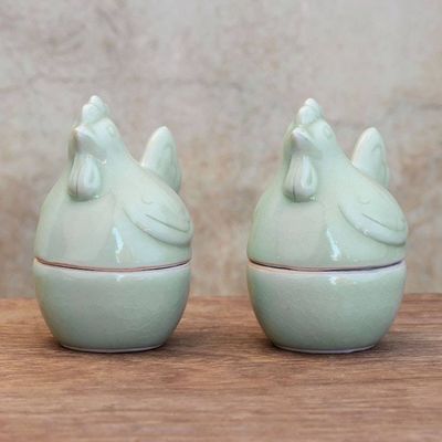 Primary image for Celadon Ceramic Hen Egg Cups from Thailand Pair Hen Breakfast