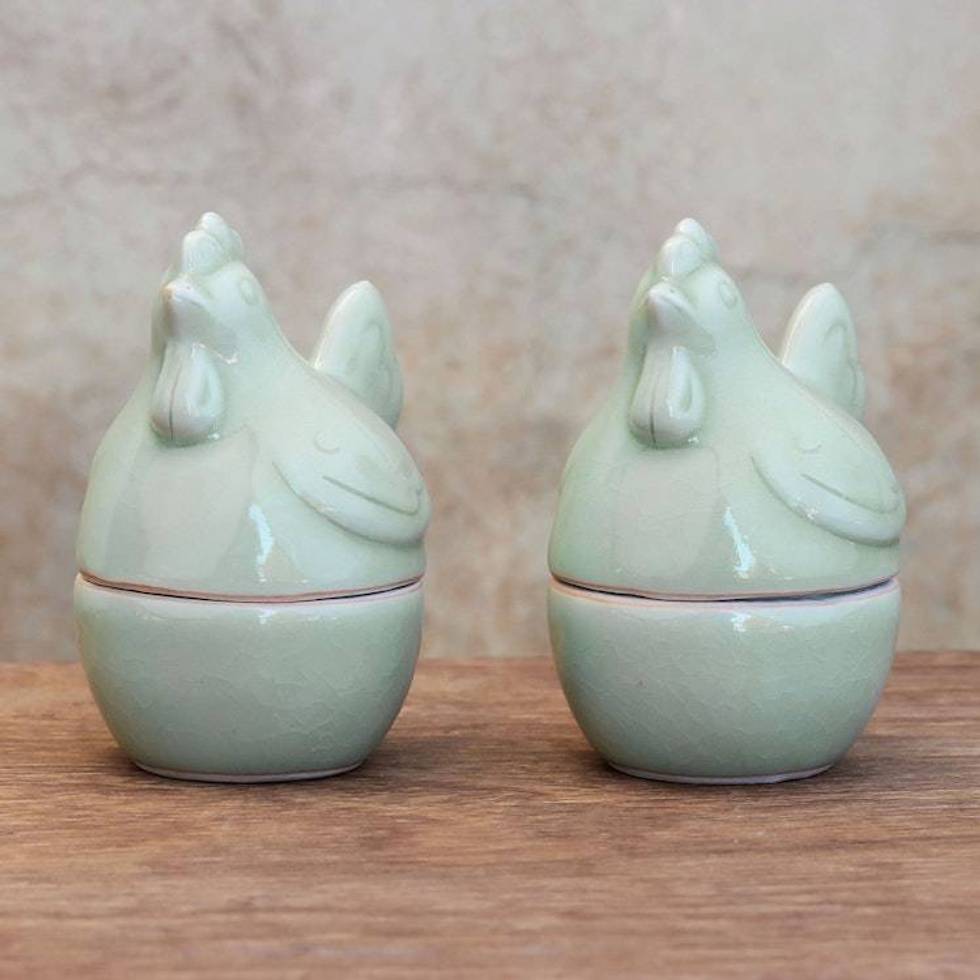Celadon Ceramic Hen Egg Cups from Thailand Pair 'Hen Breakfast'