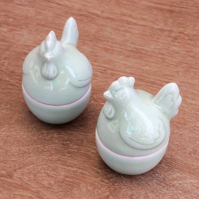 Alternate image for Celadon Ceramic Hen Egg Cups from Thailand Pair Hen Breakfast