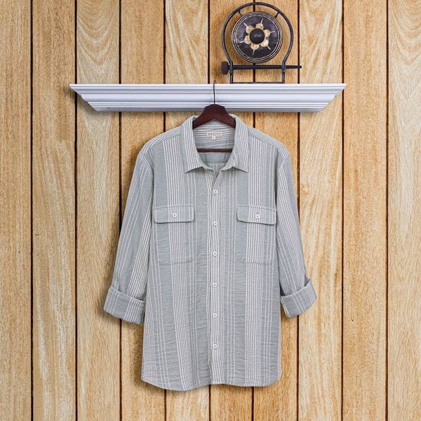 Alternate image for Mens Striped Soft Green and White Cotton Collared Shirt Stylish Staple in Fern