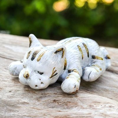 Primary image for Whimsical Hand-Painted Ivory and Brown Ceramic Cat Statuette Feline Nap