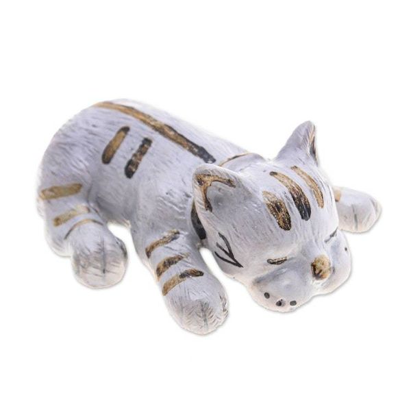 Alternate image for Whimsical Hand-Painted Ivory and Brown Ceramic Cat Statuette Feline Nap