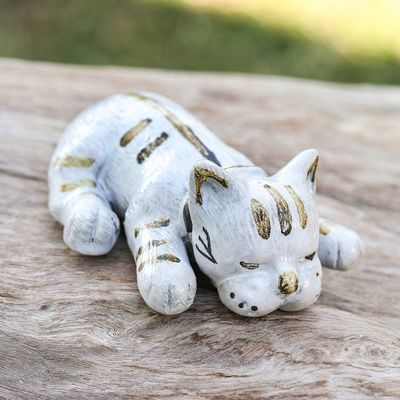 Alternate image for Whimsical Hand-Painted Ivory and Brown Ceramic Cat Statuette Feline Nap