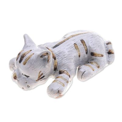 Alternate image for Whimsical Hand-Painted Ivory and Brown Ceramic Cat Statuette Feline Nap