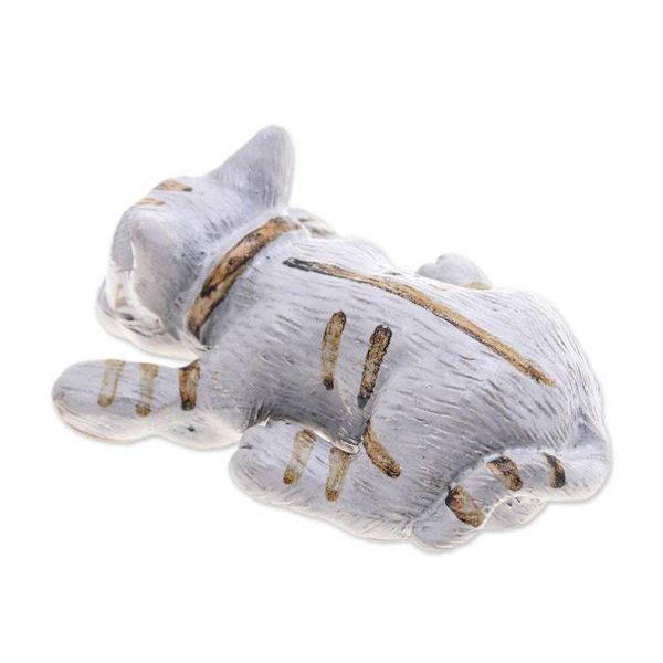 Alternate image for Whimsical Hand-Painted Ivory and Brown Ceramic Cat Statuette Feline Nap