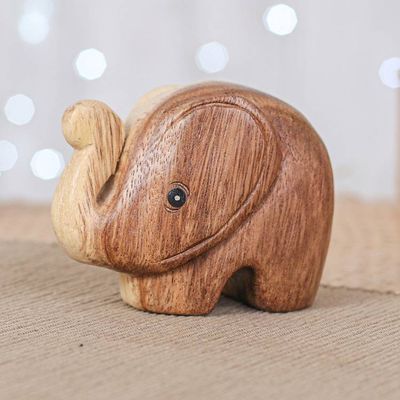 Alternate image for Handmade Natural Brown Baby Elephant Raintree Wood Figurine Tiny Kindness