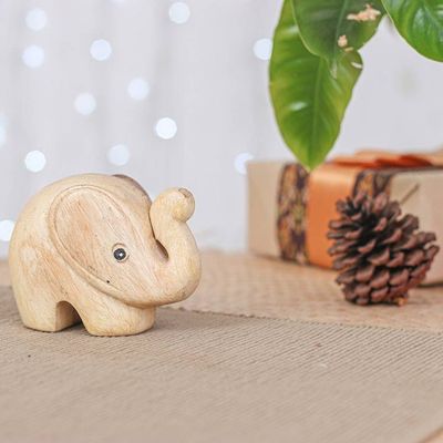 Alternate image for Handmade Natural Brown Baby Elephant Raintree Wood Figurine Tiny Kindness
