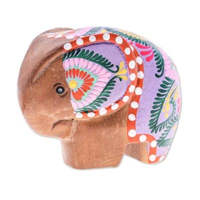 Alternate image for Floral Painted Raintree Wood Elephant Figurine in Fuchsia Tiny Sage