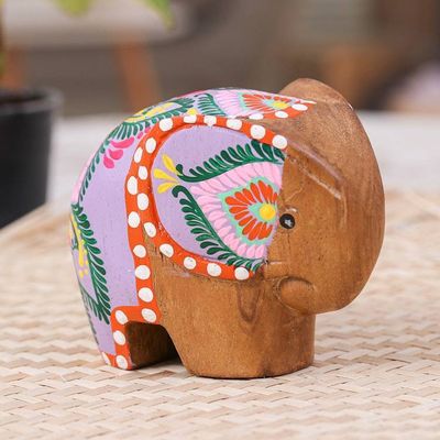 Alternate image for Floral Painted Raintree Wood Elephant Figurine in Fuchsia Tiny Sage
