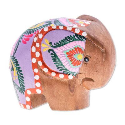 Alternate image for Floral Painted Raintree Wood Elephant Figurine in Fuchsia Tiny Sage