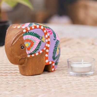 Alternate image for Floral Painted Raintree Wood Elephant Figurine in Fuchsia Tiny Sage
