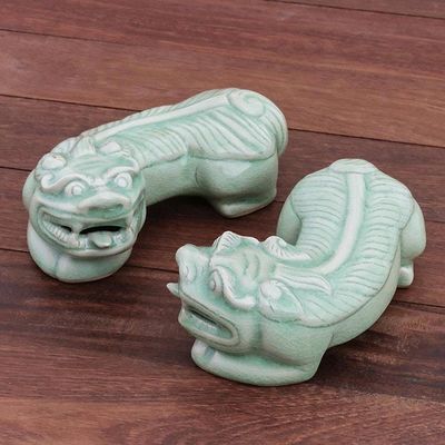 Primary image for Cultural Celadon Ceramic Pi Xiu Sculptures Pair Pi Xiu