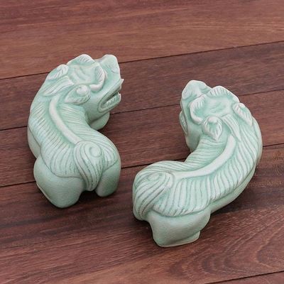 Alternate image for Cultural Celadon Ceramic Pi Xiu Sculptures Pair Pi Xiu