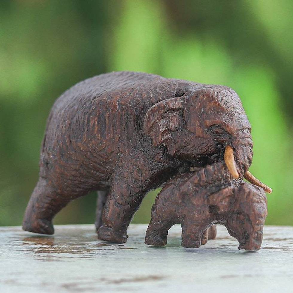 Hand-Carved Wood Figurine of Elephant Mother and Her Baby 'Elephant Mom and Baby'