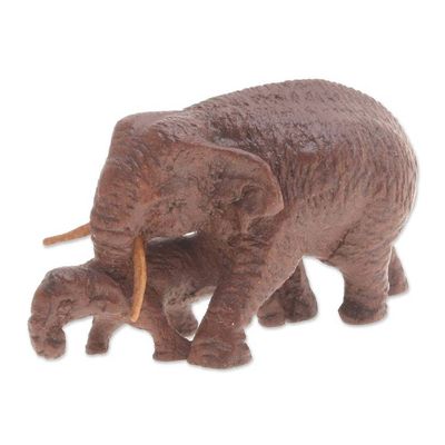 Alternate image for Hand-Carved Wood Figurine of Elephant Mother and Her Baby Elephant Mom and Baby