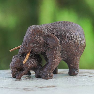 Alternate image for Hand-Carved Wood Figurine of Elephant Mother and Her Baby Elephant Mom and Baby