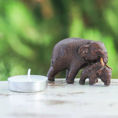 Alternate image for Hand-Carved Wood Figurine of Elephant Mother and Her Baby Elephant Mom and Baby