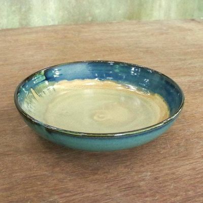 Alternate image for Teal and Beige Ceramic Serving Bowl Made in Thailand Island