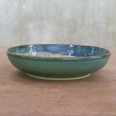 Alternate image for Teal and Beige Ceramic Serving Bowl Made in Thailand Island