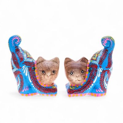 Primary image for Artisan-Made 2-Piece Painted Raintreed Wood Cat Figurine Set Feline Waves