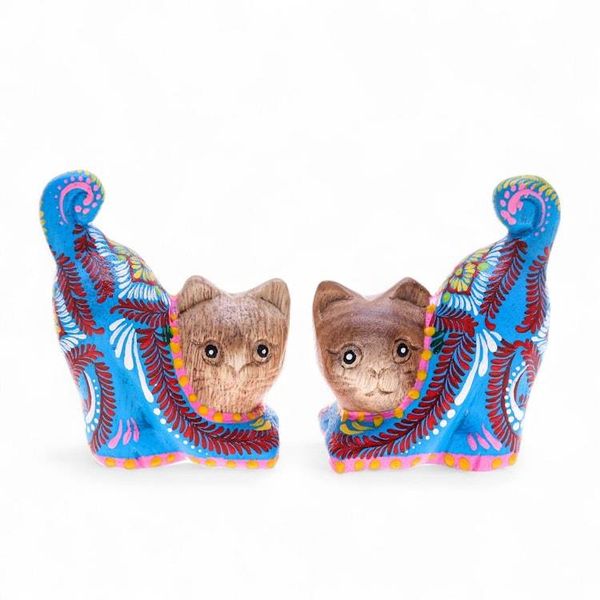 Alternate image for Artisan-Made 2-Piece Painted Raintreed Wood Cat Figurine Set Feline Waves