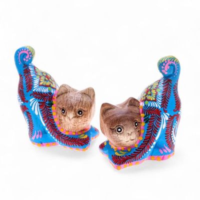 Alternate image for Artisan-Made 2-Piece Painted Raintreed Wood Cat Figurine Set Feline Waves