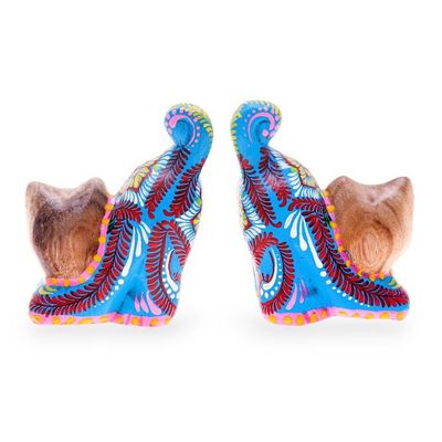 Alternate image for Artisan-Made 2-Piece Painted Raintreed Wood Cat Figurine Set Feline Waves