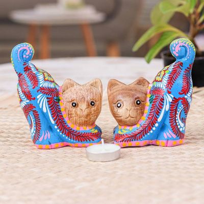 Alternate image for Artisan-Made 2-Piece Painted Raintreed Wood Cat Figurine Set Feline Waves