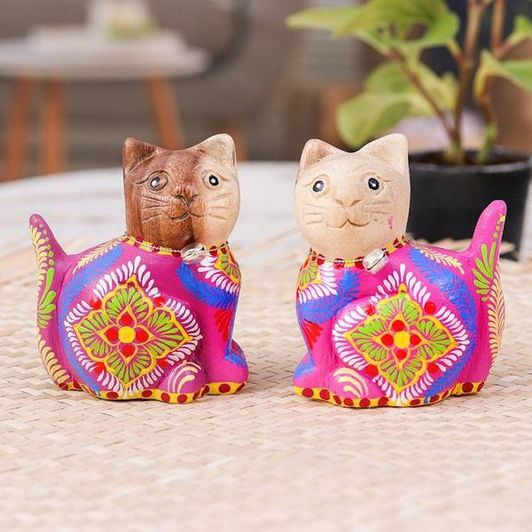 Alternate image for Folk Art-Themed Hand-Painted 2-Piece Wood Cat Figurine Set Celebratory Meows