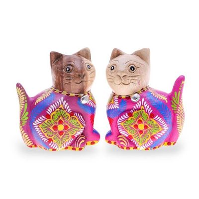 Alternate image for Folk Art-Themed Hand-Painted 2-Piece Wood Cat Figurine Set Celebratory Meows