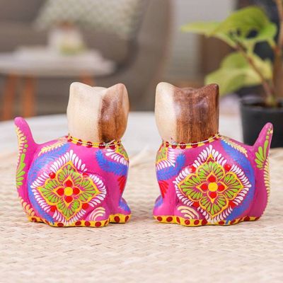 Alternate image for Folk Art-Themed Hand-Painted 2-Piece Wood Cat Figurine Set Celebratory Meows