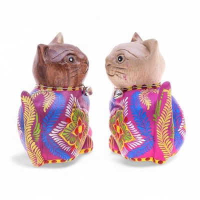 Alternate image for Folk Art-Themed Hand-Painted 2-Piece Wood Cat Figurine Set Celebratory Meows