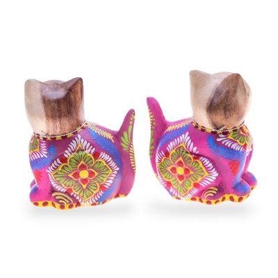 Alternate image for Folk Art-Themed Hand-Painted 2-Piece Wood Cat Figurine Set Celebratory Meows