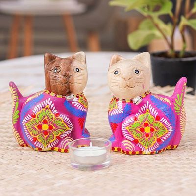 Alternate image for Folk Art-Themed Hand-Painted 2-Piece Wood Cat Figurine Set Celebratory Meows