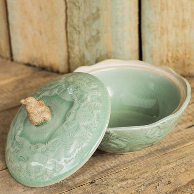 Primary image for Handcrafted Green Ceramic Bowl and Lid with Elephant Motif Sawasdee