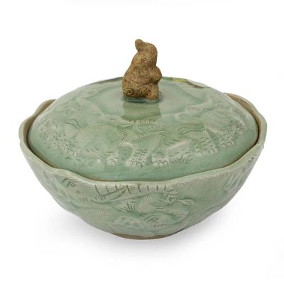Alternate image for Handcrafted Green Ceramic Bowl and Lid with Elephant Motif Sawasdee