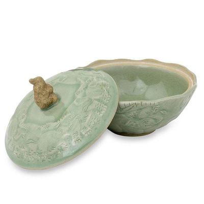 Alternate image for Handcrafted Green Ceramic Bowl and Lid with Elephant Motif Sawasdee